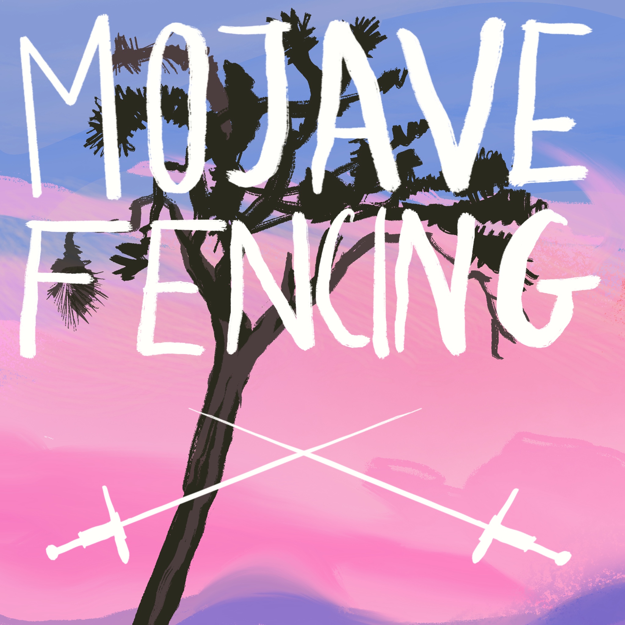 Mojave Fencing logo: Joshua tree with crossed epees